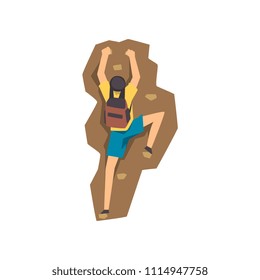 Young climber in protective helmet climbing mountain, mountaineering, extreme sport and leisure activity concept vector Illustration on a white background