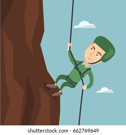 Young climber in protective helmet climbing a mountain. Caucasian smiling man climbing a mountain with a rope. Sport and leisure activity concept. Vector flat design illustration. Square layout.