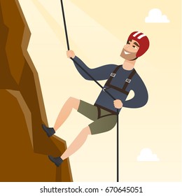 Young climber in protective helmet climbing a mountain. Caucasian smiling man climbing a mountain with a rope. Sport and leisure activity concept. Vector flat design illustration. Square layout.