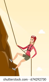 Young climber in protective helmet climbing a mountain. Caucasian smiling woman climbing a mountain with a rope. Sport and leisure activity concept. Vector flat design illustration. Vertical layout.