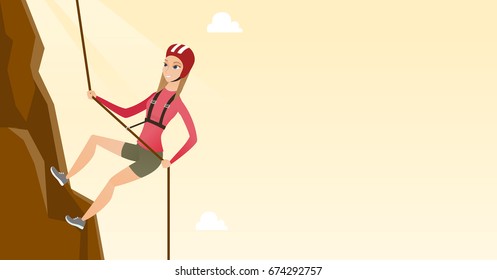 Young climber in protective helmet climbing a mountain. Caucasian smiling woman climbing a mountain with a rope. Sport and leisure activity concept. Vector flat design illustration. Horizontal layout.