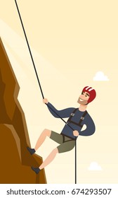 Young climber in protective helmet climbing a mountain. Caucasian smiling man climbing a mountain with a rope. Sport and leisure activity concept. Vector flat design illustration. Vertical layout.