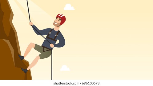 Young climber in protective helmet climbing a mountain. Caucasian smiling man climbing a mountain with a rope. Sport and leisure activity concept. Vector flat design illustration. Horizontal layout.