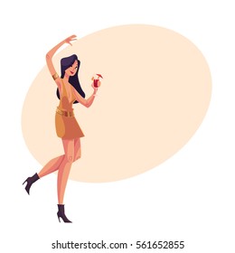 Young clubber girl in short dress dancing with a cocktail in hand, cartoon vector illustration on background with place for text. Young beautiful woman drinking cocktail and having fun, party, night