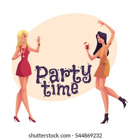 Young clubber girls, blond and black haired, in short red dresses dancing at party, cartoon style invitation, greeting card design. Party invitation, advertisement, Young women drinking cocktails