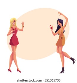 Young clubber girls, blond and black haired, in short red dresses dancing at party, cartoon vector illustration on background with place for text. Young women drinking cocktails and having fun and