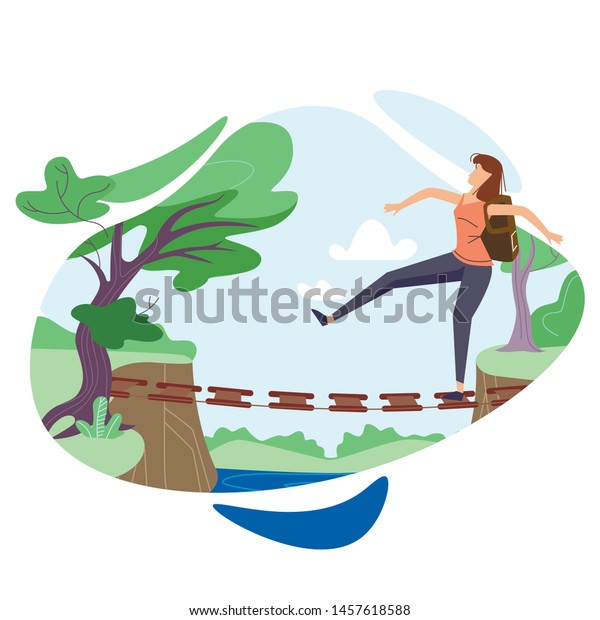 Young Clumsy Woman with Backpack Walking at\
Staggering Suspension Bridge in Forest or Park. Summer Adventure,\
Camping, Extreme Spare Time, Girl Crossing River Cliff. Cartoon\
Flat Vector Illustration