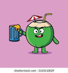 Young coconut cartoon mascot character with beer glass and cute stylish design