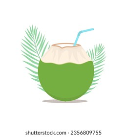 Young coconut cocktail with straw flat vector illustration isolated on white background