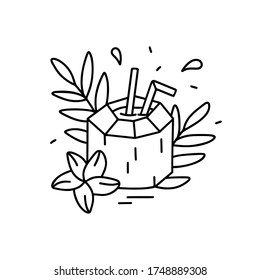 Young coconut doodle illustration. Juice or drink in whole nut. Linear hand drawn print of pina colada for menu, t-shirt. Coco cocktail, straw, leaves, flower. Black contour vector, white background