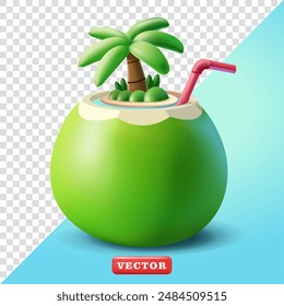 Young coconut drink with island inside, 3d vector. Suitable for advertising, holiday and design elements