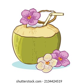 Young Coconut drink with orchid flower vector illustration design, perfect for poster and tshirt design