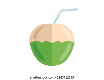 Young coconut drink with straw. Simple flat illustration.