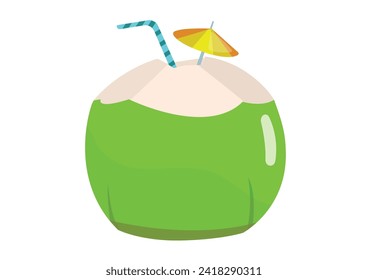 Young coconut drink with straw and umbrella. a drink usually enjoyed on the beach. Isolated on a white background. Funny vector illustration.