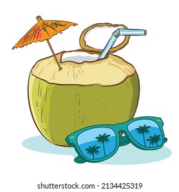 Bebida de coco joven con paraguas y gafas de sol funky diseño vectorial, perfecto para diseño de afiches y camisetas