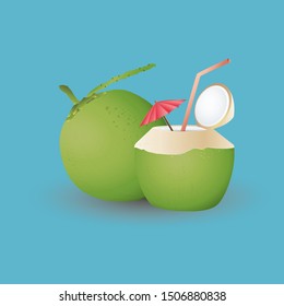 Young coconut, fresh coconut water, fresh coconut water decorated with umbrellas, cocktail and straws, blue background