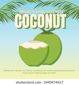 young coconut fruit poster with a beach theme.