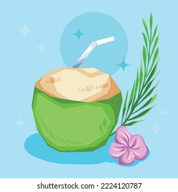 Young coconut ice, famous fresh drink in Indonesia on summer day in beach. Es kelapa muda cold natural fruit beverage vector illustration, isolated cartoon flat colored drawing on blue background.