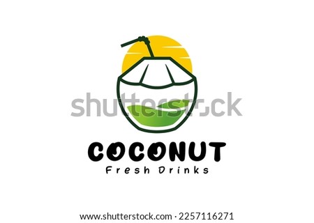 Young coconut logo design, pure natural coconut fruit drink icon vector illustration
