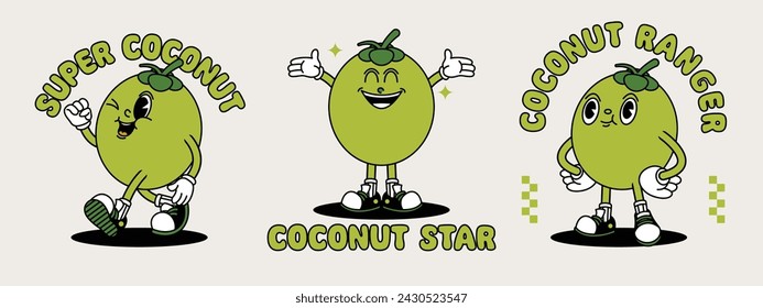 Young Coconut retro mascot with hand and foot. Retro cartoon stickers with funny comic characters and gloved hands.