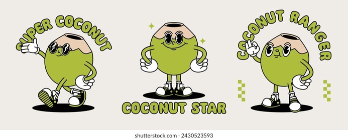 Young Coconut retro mascot with hand and foot. Retro cartoon stickers with funny comic characters and gloved hands.