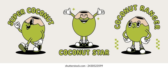 Joven mascota retro Coconut con la mano y el pie. Pegatinas de dibujos animados retro con divertidos personajes cómicos y manos enguantadas.