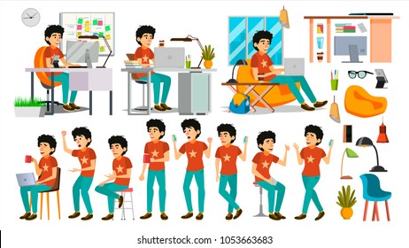 Young Coder Character Vector. Web Developer Programming. Coding, Software Development. Javascript. IT Startup Business Company. Environment Process. Poses, Emotions. Cartoon Business Illustration
