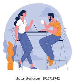 Young colleagues, man and woman taking business issues at coffee break. Flat design vector concept for website, landing, mobile app, poster and banner.
