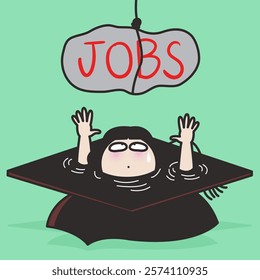 Young College Grads Lady In Graduation Cap Is Struggling To Find A Jobs Concept Card Character illustration