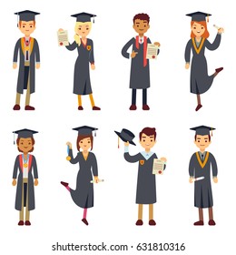 Young college graduate and university students vector characters set