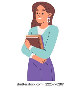 Young college or high school female student with books. Cute girl holding educational literature, young woman carrying books isolated flat vector illustration on white background