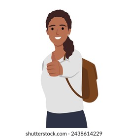 Young college student backpacking woman with thumbs up happy. Flat vector illustration isolated on white background