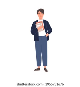 Young college student standing with books. Schoolboy holding textbooks in hand. Portrait of smiling teenager. Colored flat vector illustration of smart man isolated on white background.