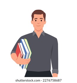 Young college student standing with books. Schoolboy holding textbooks in hand. Portrait of smiling teenager. Colored flat vector illustration of smart man. 