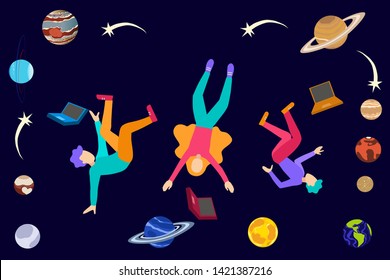 Young college students floating in space with laptops. planets and shooting stars, astronomy learning lesson