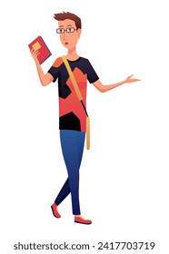 Young college or university student with backpack holding book. Study, education, back to school, knowledge concept. 3d vector people character illustration. Cartoon minimal style