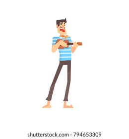 Young comic man playing ukulele cartoon vector Illustration