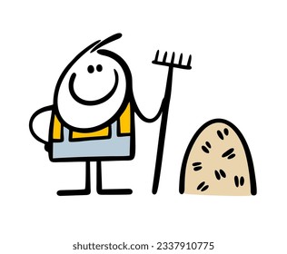 Young comics farmer holds a rake and collected grass in haystack in the field. Vector illustration of  farm worker, harvest in late summer, early autumn. Funny character isolated on white background.