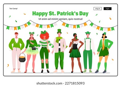  Una empresa joven celebra con trajes verdes festivos el Día de San Patricio. Uso para diseño de sitios web modernos, página web, redes sociales, página de inicio.