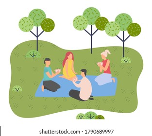 Young Company Of Friends On Picnic Outside The City. Campfire Gatherings, Playing Cards. Trip Out Of Town Or City Park. Rest And Vacation. Green Trees, Grass. Gambling. Flat Vector Illustration