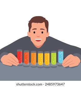 Young concentrated scientist looking at test tubes with multi colored liquid. Flat vector illustration isolated on white background