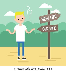 Young concerned blonde boy trying to decide where to go / editable flat vector illustration, clip art