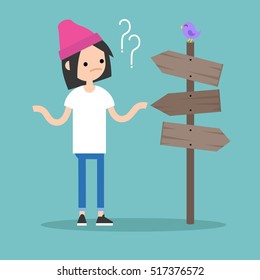 Young concerned girl trying to find the right direction / editable flat vector illustration, clip art