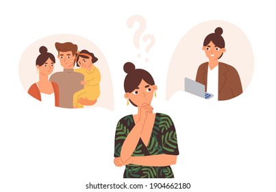 Mujer joven preocupada eligiendo entre familia y carrera. Pregunta difícil sobre la vida y el equilibrio laboral, los niños y las oportunidades profesionales. Ilustración vectorial plana aislada en fondo blanco