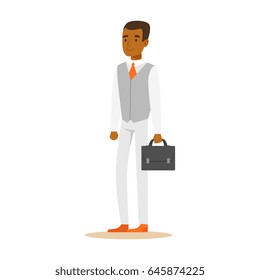 Young confident African American businessman with briefcase . Colorful cartoon character vector Illustration