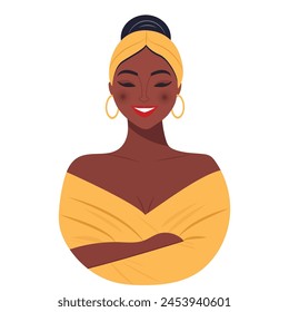 Young confident African American woman. Portrait Self-care, self-love, self-support. Dignity. Web design. Illustration, vector
