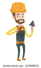 Young confident bricklayer in uniform and hard hat. Caucasian hipster bicklayer with the beard working with a spatula and a brick. Vector flat design illustration isolated on white background.