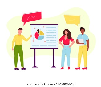 Young confident business man and woman near the standing presentation display board, pointing with hands, effective teamwork, presenting graphics. Business people work concept. Vector isolated.