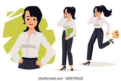 Young confident business woman in office wear set of flat vector illustrations isolated on white background. Woman making career or executive person female character.