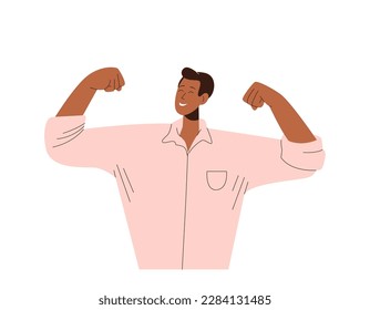 Young confident businessman character showing strong arms felling poser, success and strength